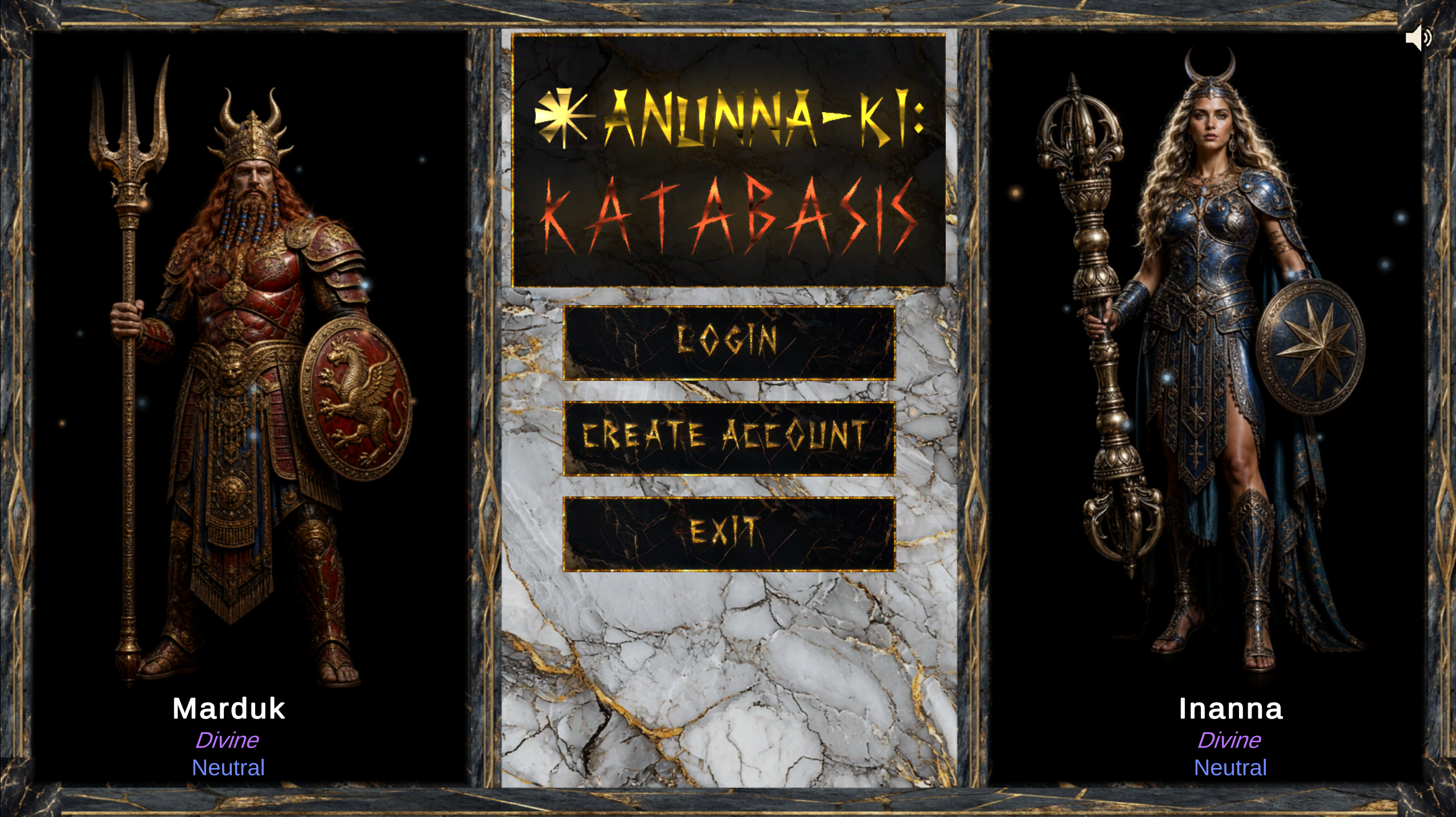 Anunna-Ki: Katabasis title screen: Marduk and Inanna on either side of the game’s title.